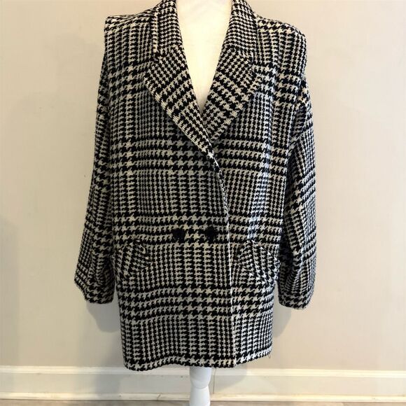 Women's Vintage Houndstooth Wool Blend Blazer Coat Size L Made in Poland - Picture 1 of 16